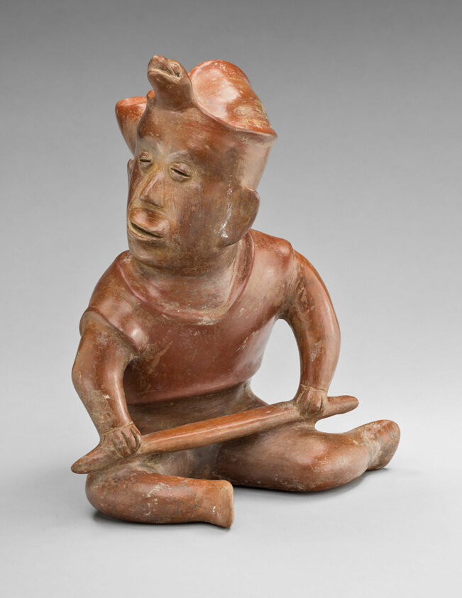 Seated Warrior Figure with Turtle Headdress, Holding a Staff