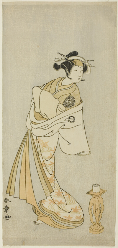 Actors Ichikawa Danjûrô V as the Spirit of the Monk Seigen and Nakamura Noshio I as the Spirit of the Courtesan Takao in “Courtesan in a Maple-Leaf-Pattern Over-Kimono” (“Keisei Momiji no Uchikake”)