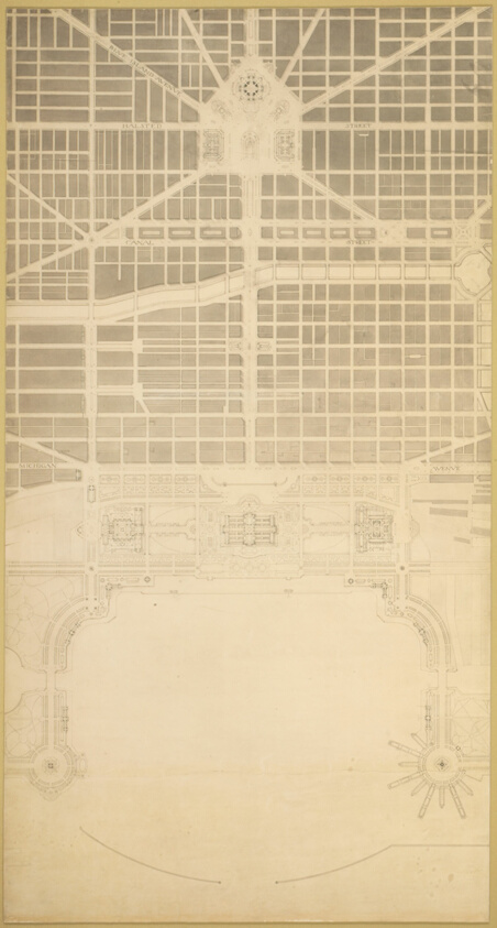 Plate 129 from The Plan of Chicago, 1909: Chicago. The Business Center of the City, Within the First Circuit Boulevard, Showing the Proposed Grand East-and-West Axis and Its Relation to Grant Park and the Yacht Harbor; the Railway Terminals Schemes on the South and West Sides, and the Civic Center