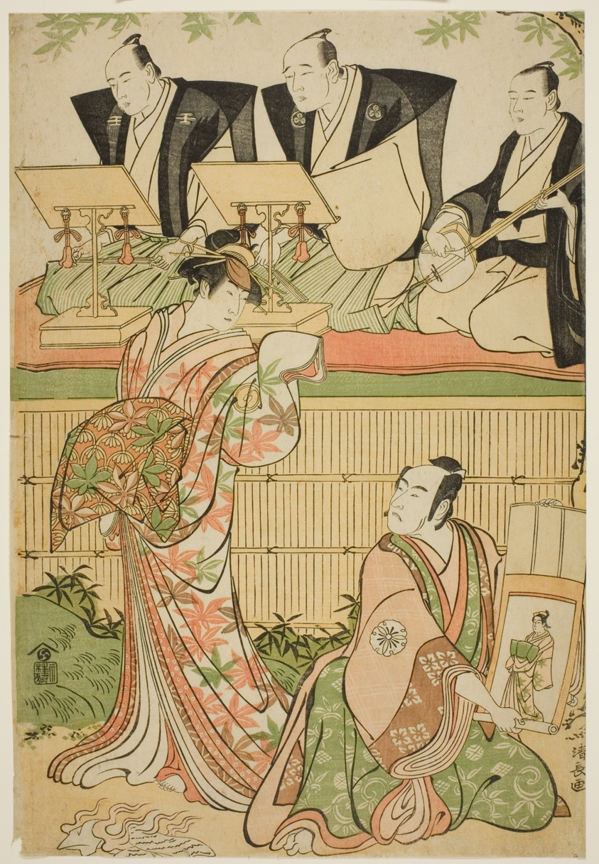 The Actors Matsumoto Koshiro IV as Ukita Sakingo and Sawamura Sojuro III as the ghost of the courtesan Takao, in the play "Ominaeshi Sugata no Hatsuaki," performed at the Nakamura Theater, 1788