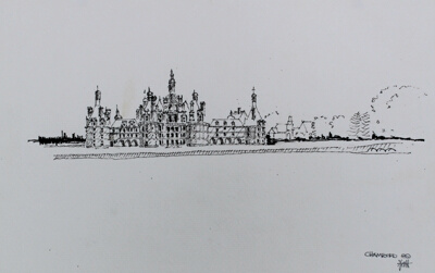 Exterior view of Chateau de Chambord, Chambord, France, Travel Sketch