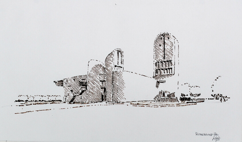 Exterior View of Notre-Dame-du-Haut, Ronchamp, France, Travel Sketch