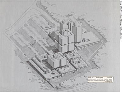 Health Sciences Center, Stony Brook, New York, Aerial View, Presentation Drawing