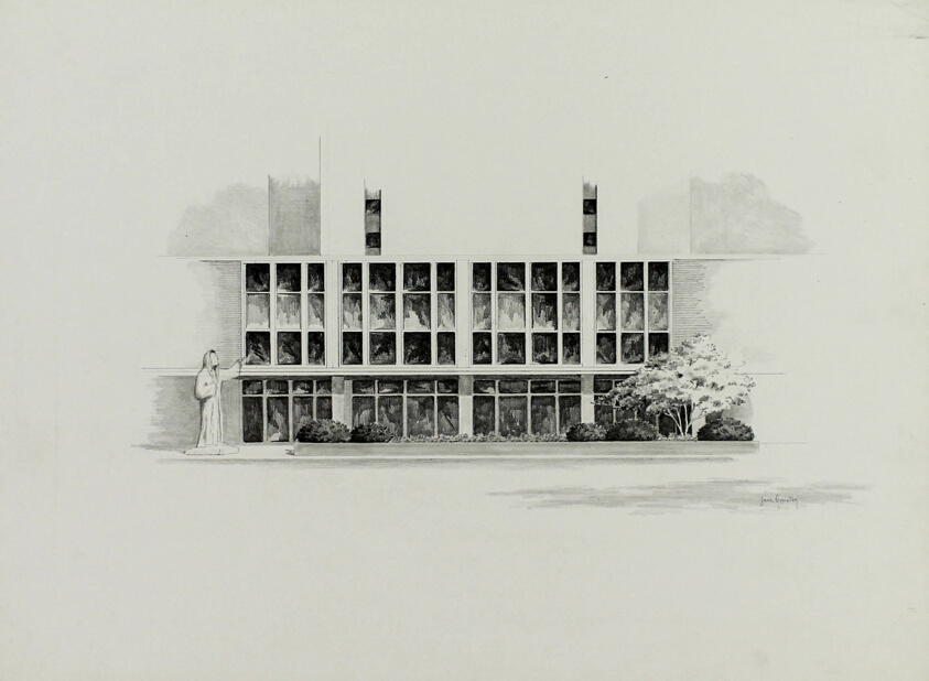 Court at Main Library, Notre Dame University, South Bend, Indiana, Elevation with Statue