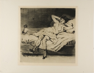 Plate from l'Assommoir (dancer reclining on bed, with cat)