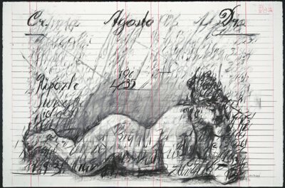 Drawing from "Zeno Writing" (female figure lying on stomach, with text)