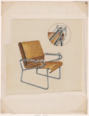 Illustration of Bent Plywood Chair with Plexiglas Arms, Student Project, Institute of Design, Chicago, Illinois