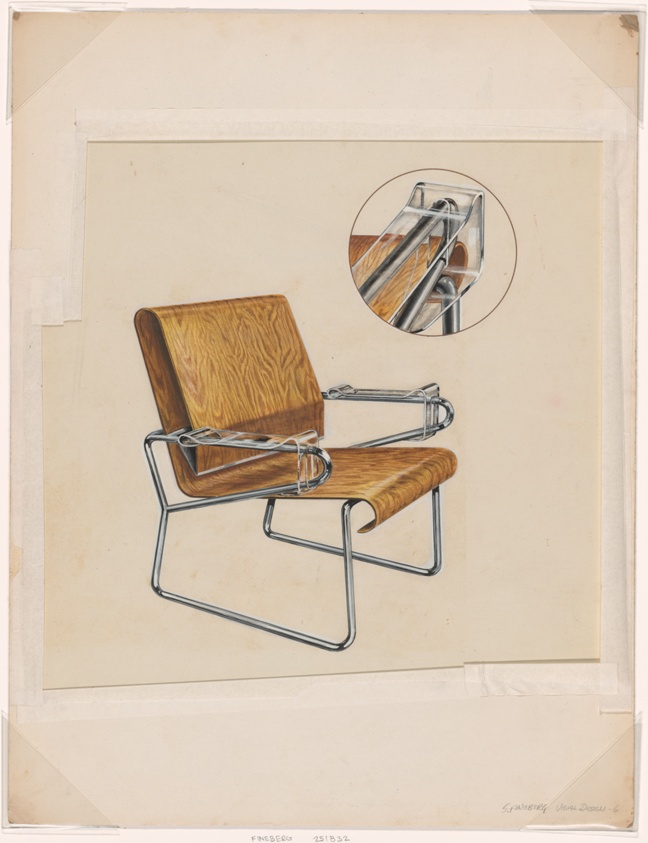 Illustration of Bent Plywood Chair with Plexiglas Arms, Student Project, Institute of Design, Chicago, Illinois
