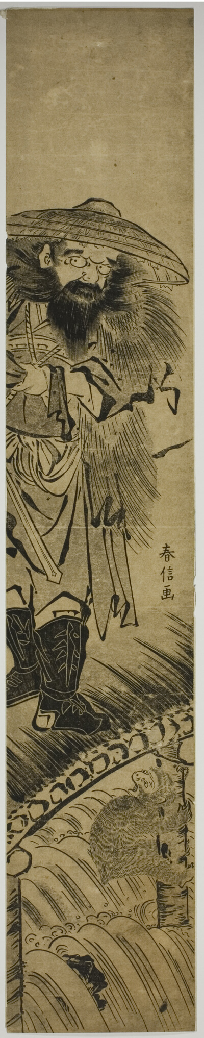 Shoki (Chinese: Zhong Kui), the demon queller, standing on a bridge