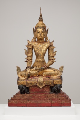 Crowned and Bejewelled Buddha Seated on an Elephant Throne