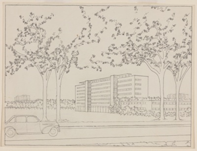 View from Street with Automobile, Presentation Drawing and Sketch
