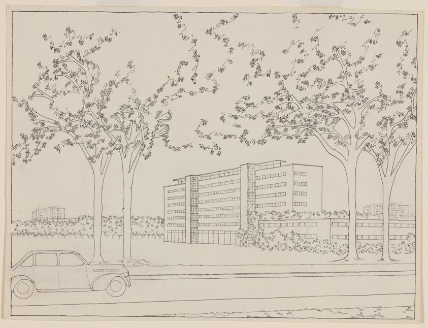 View from Street with Automobile, Presentation Drawing and Sketch