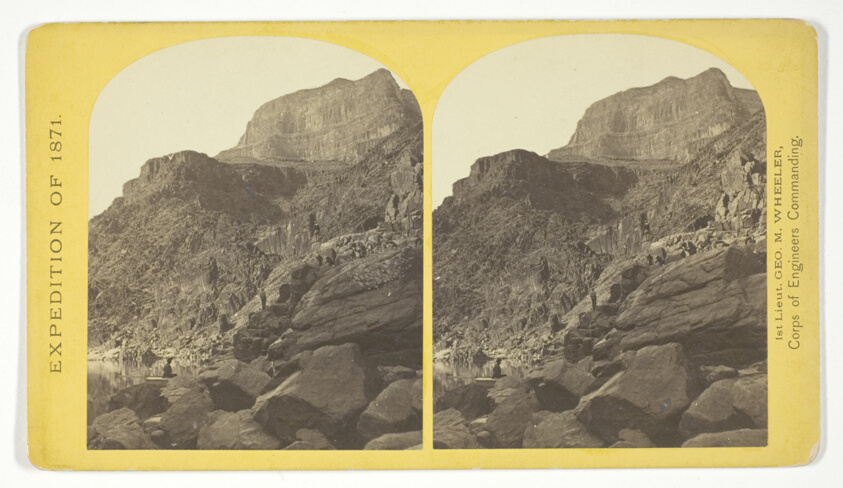 View of Grand Cañon walls, near mouth of Diamond River. From water line to first shelf 1.500 feet; from shelf to top of table 3.500 feet. Distance from point of view to top of walls 3 miles, No. 6 from the series "Geographical Explorations and Surveys West of the 100th Meridian"