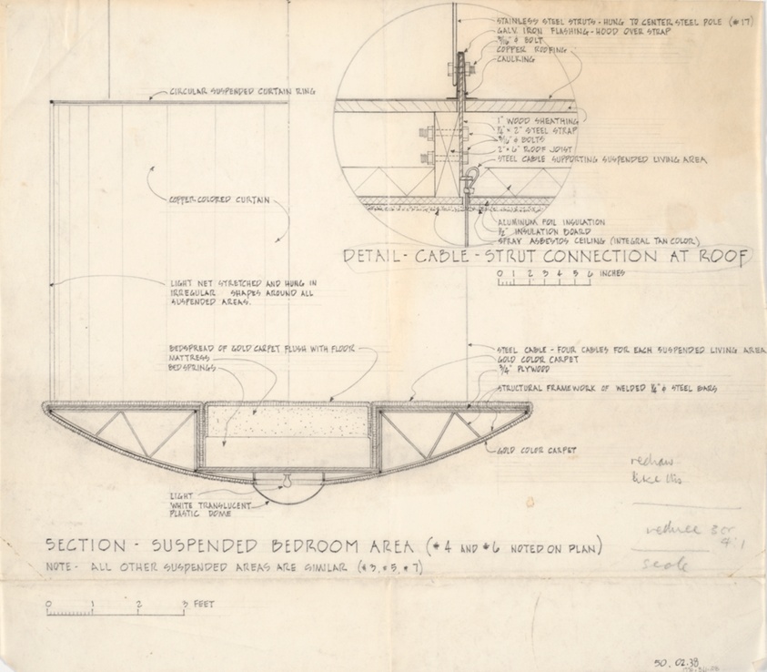 Gene and Nancy Bavinger House, Section of Suspended Bedroom Area and Detail of Cable-Strut Connection at Roof, Norman, Oklahoma, Detail Drawing