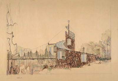 Gene and Nancy Bavinger House: North Elevation Showing Suspension Bridge over Ravine