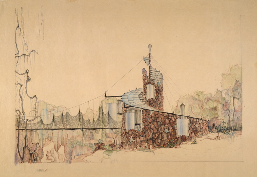 Gene and Nancy Bavinger House: North Elevation Showing Suspension Bridge over Ravine