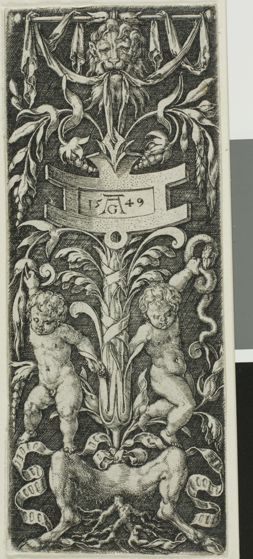 Panel of Ornament with Two Nude Boys Standing on the Legs of a Satyr