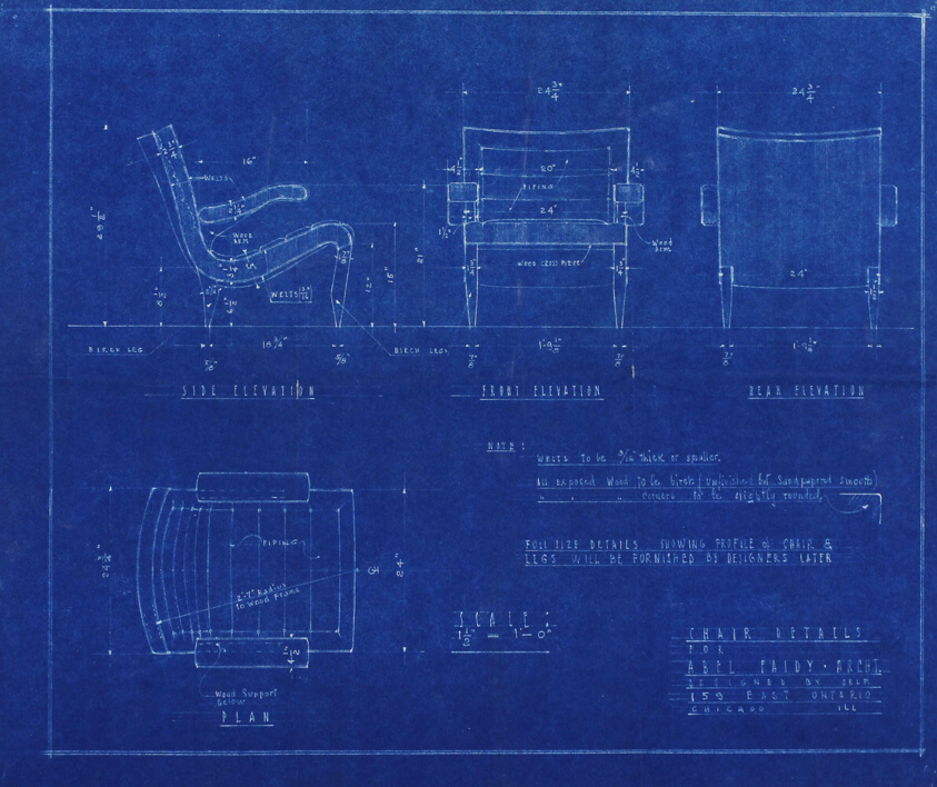 Chair Details for Abel Faidy, Plan and Elevations