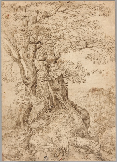 Wooded Landscape with Donkeys and Goats, and Castle on Hill in Distance