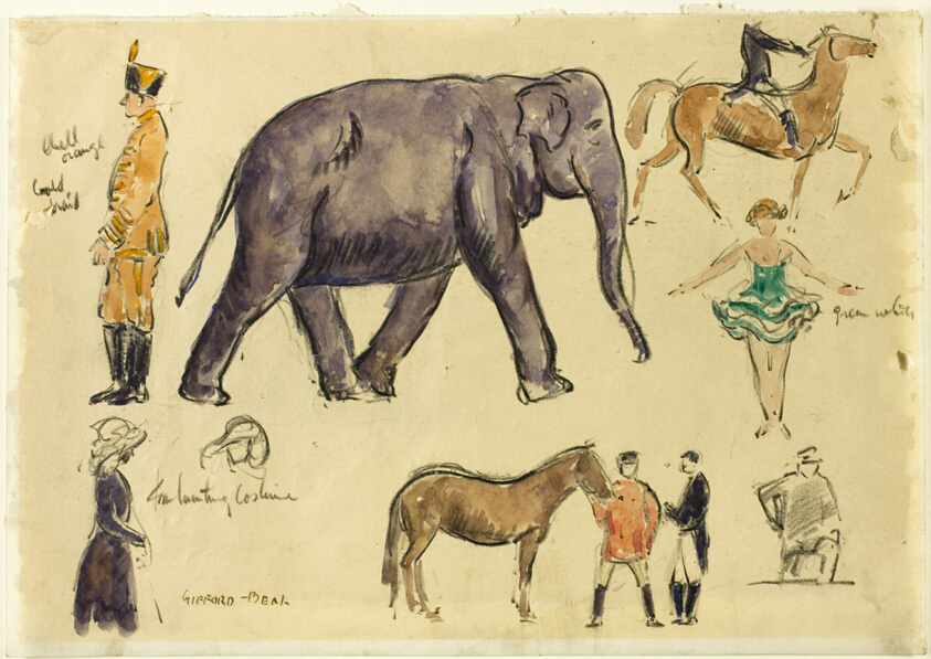 Sheet of Sketches: Elephant, Horses and Costumes