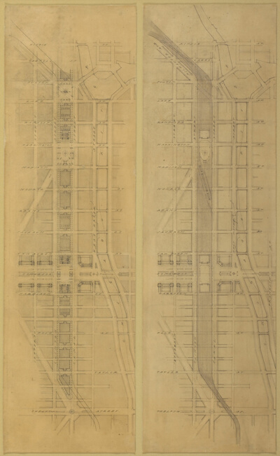 Plate 79 (2 Drawings) from The Plan of Chicago, 1909: Suggested Location and Arrangement of the Railway Passenger Stations West of the River. Overhead Scheme: 1. Plan at Street Level. 2. Plan Above Street Level
