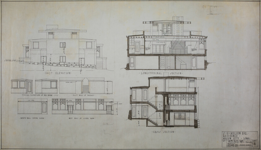 J. G. Melson House Number Two, Mason City, Iowa, Sections and Elevations