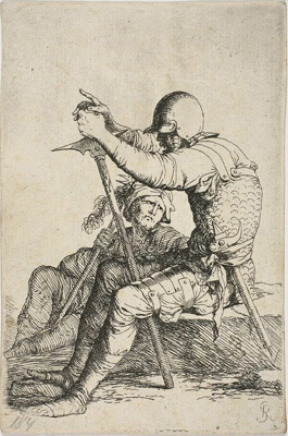 Two warriors, one seated on a low foreground rock and holding a war hammer; the other figure seated on the ground behind him, holding a mace across his right shoulder and looking up at the foreground fugure, from Figurine series