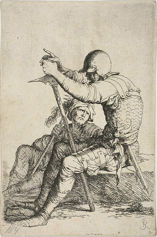 Two warriors, one seated on a low foreground rock and holding a war hammer; the other figure seated on the ground behind him, holding a mace across his right shoulder and looking up at the foreground fugure, from Figurine series