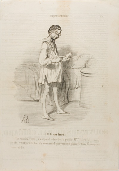(He is reading a letter) “A date, could it be from the cute Mme Giraud?? Yes, but it could also come from her husband who wants to pinch me…,” plate 8 from Coquetterie