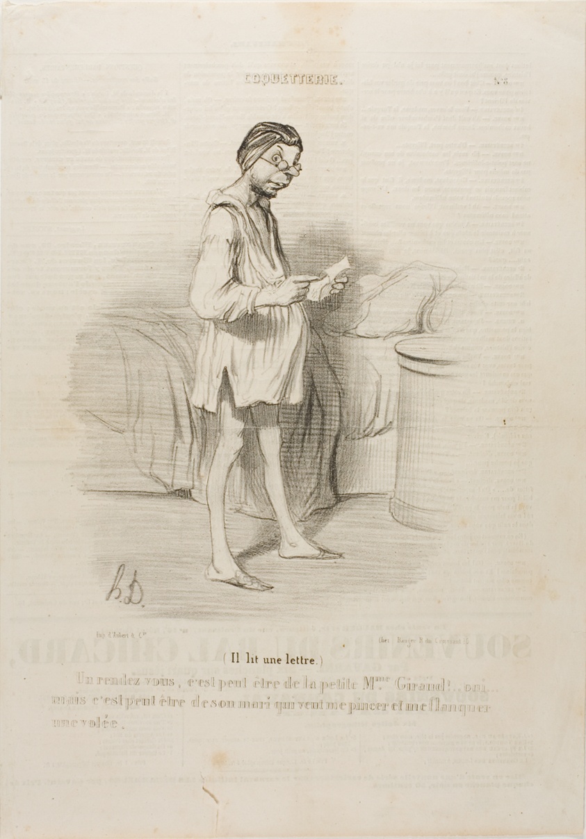 (He is reading a letter) “A date, could it be from the cute Mme Giraud?? Yes, but it could also come from her husband who wants to pinch me…,” plate 8 from Coquetterie