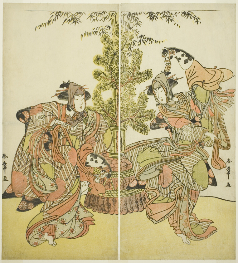 Actors Segawa Kikunojô III as Yasukata and Iwai Hanshirô IV as Utôin Performing a Hobbyhorse Dance (Harugoma odori) in “The Fifth Genji Mitsugi’s Robe (“Godai Genji Mitsugi no Furisode”)