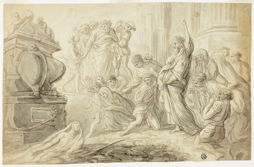 Raising of Lazarus (recto); Travelers with Cart Outside Inn (verso)