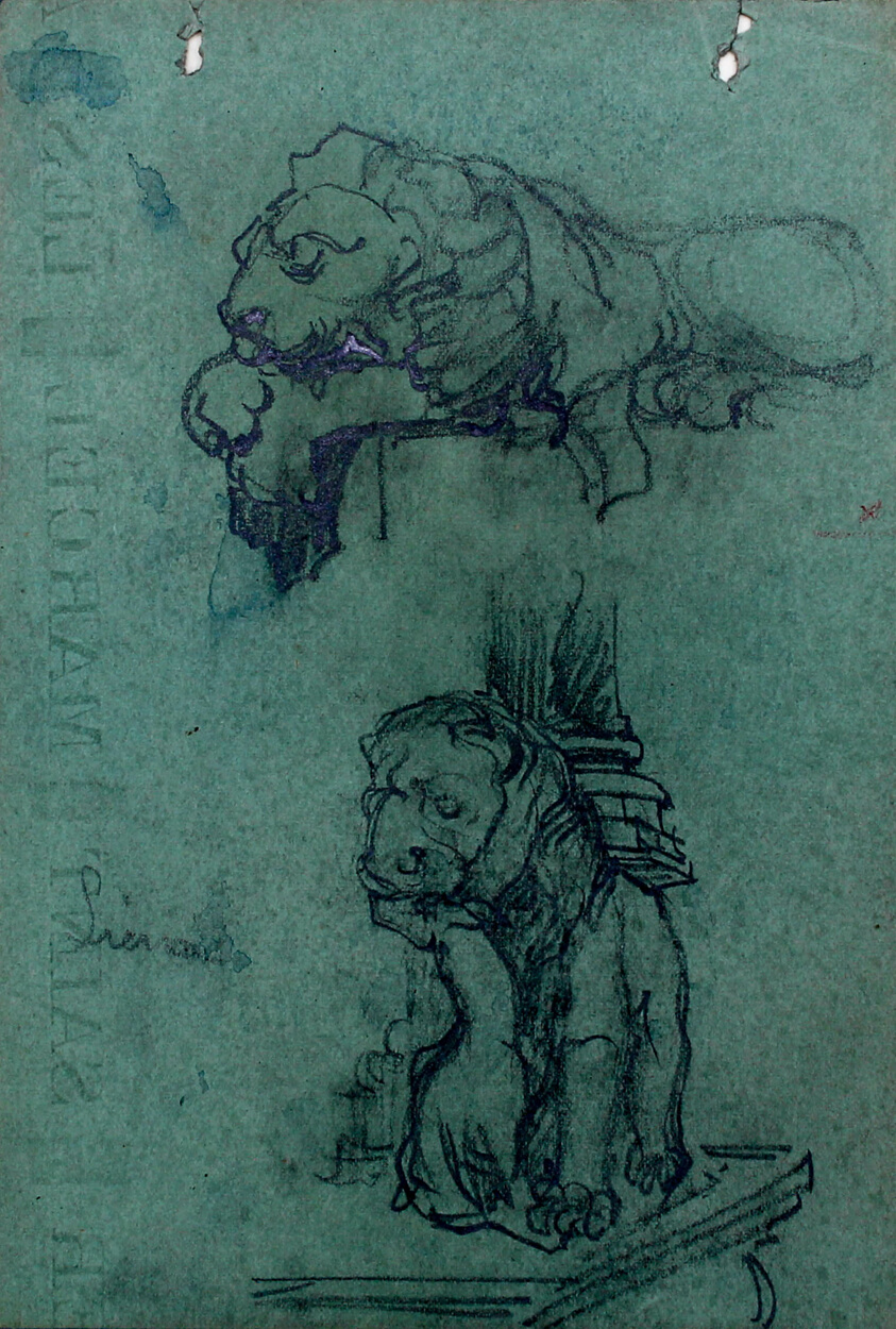 Lion Carvings, Siena, Italy, Travel Sketch