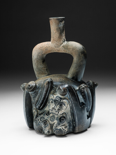 Stirrup-Spout Vessel with Feline and Cactus