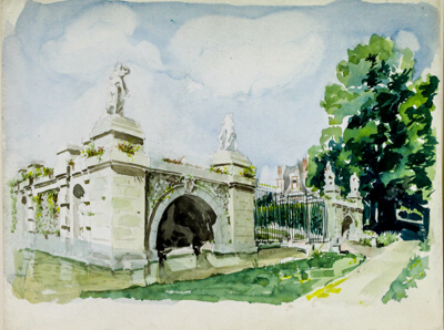 Classical Stone Wall Around French Chateau, Travel Sketch