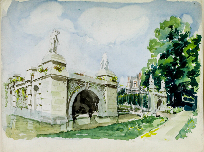 Classical Stone Wall Around French Chateau, Travel Sketch