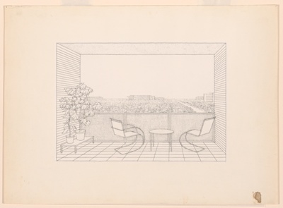 Mixed Type Settlement View from Balcony with Two Chairs, Berlin, Germany, Presentation Drawing