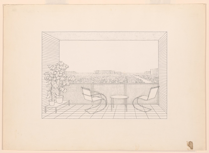Mixed Type Settlement View from Balcony with Two Chairs, Berlin, Germany, Presentation Drawing