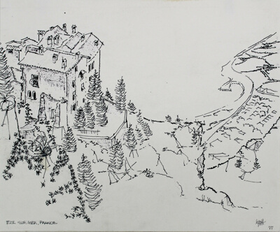 Eze-bord-de-Mer View of Hilltop Villa and Coastline, Eze Sur Mer, France, Travel Sketch