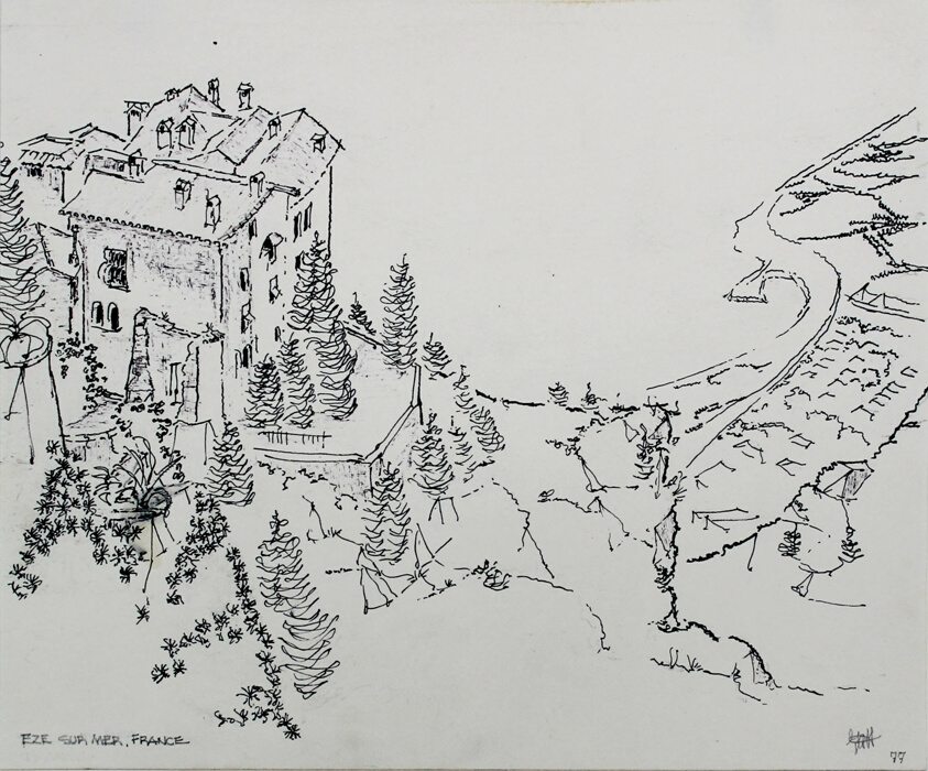 Eze-bord-de-Mer View of Hilltop Villa and Coastline, Eze Sur Mer, France, Travel Sketch