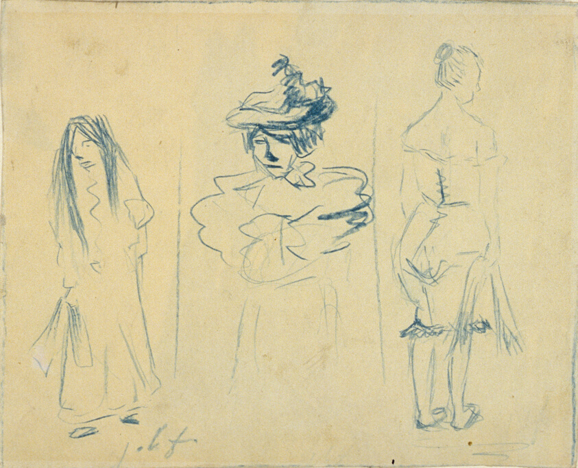 Three Sketches: Woman with Hair Down, Woman with Hat, Woman Half-Dressed