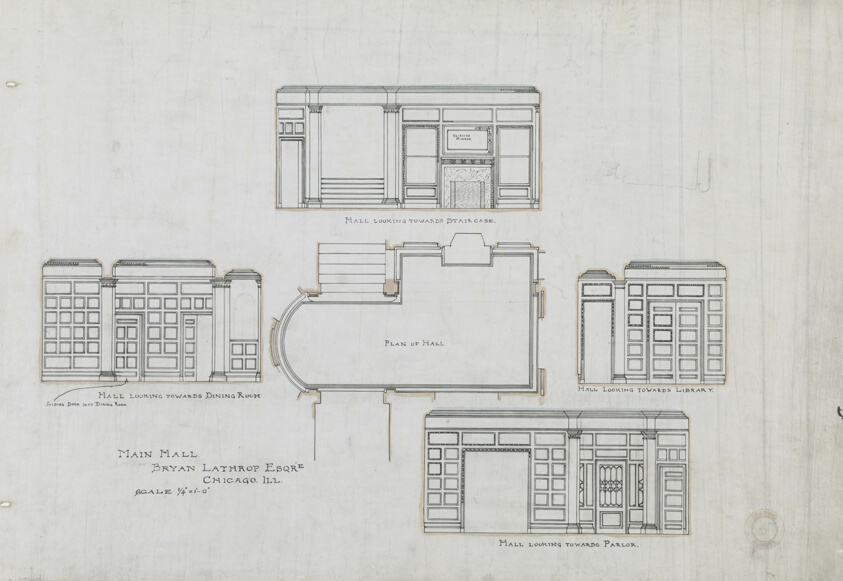 Bryan Lathrop House, Chicago, Illinois, Main Hall Plan and Elevations