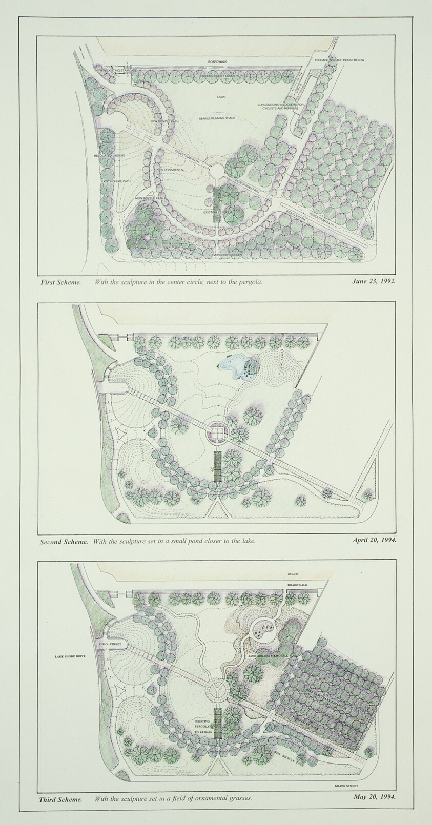 Jane Addams Memorial, Navy Pier Park, Chicago Park District, Three Plans, Presentation Design Drawing