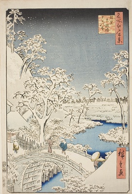 Drum Bridge and Yuhi Hill at Meguro (Meguro Taikobashi Yuhi-no-oka), from the series "One Hundred Famous Views of Edo (Meisho Edo hyakkei)"