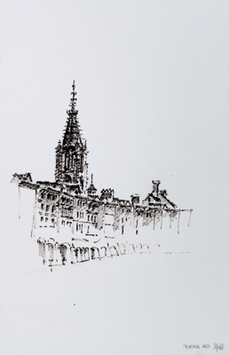 Streetscape With Church Tower, Bern, Switzerland, Travel Sketch