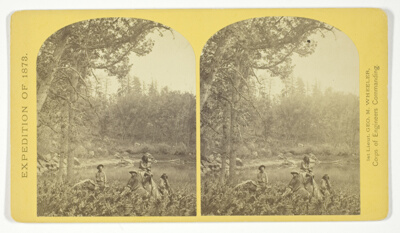 Coyotero Apache Scouts, at Apache Lake, Sierra Blanca Mountains, Arizona. Two members of the Expedition in the back-ground, No. 31 from the series "Geographical Explorations and Surveys West of the 100th Meridian"