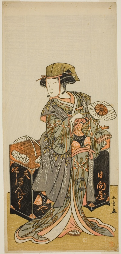 The Actor Nakamura Tomijuro I as the Female Beancake Peddler Hyugaya in the Play Chigo Torii Tobiiri Kitsune, Performed at the Ichimura Theater in the Eleventh Month, 1777