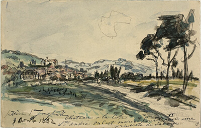 Chateau, Cote Saint Andre (recto) Empty Cart and Shed with Other Sketches (verso)