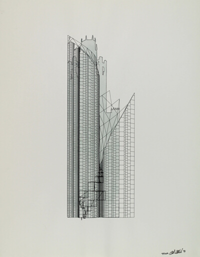 Chicago Tribune Tower II Late Entry, A Field Theory Butterfly Tower in the Chrysanthemum Field, Elevation and Outline