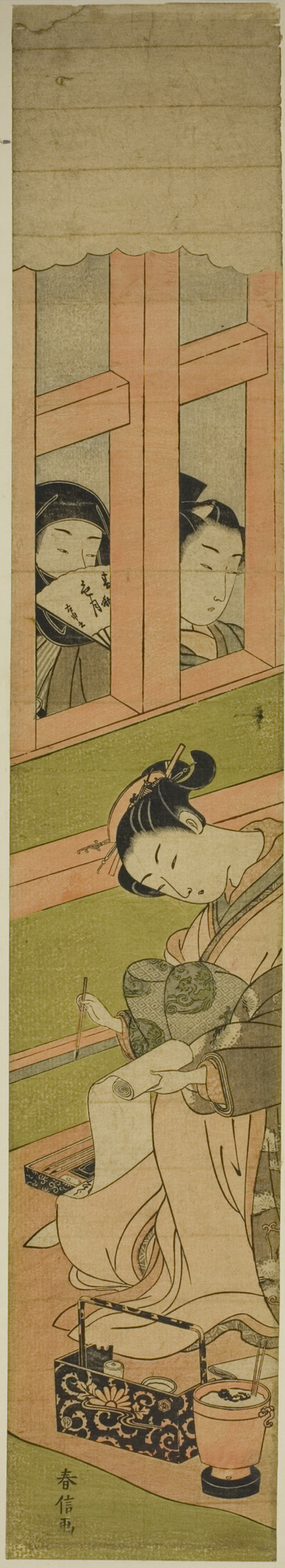 Courtesan Writing a Letter as Two Men Watch through a Window Lattice